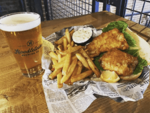 Hoodletown Brewery Fried Cod platter with a pint of beer