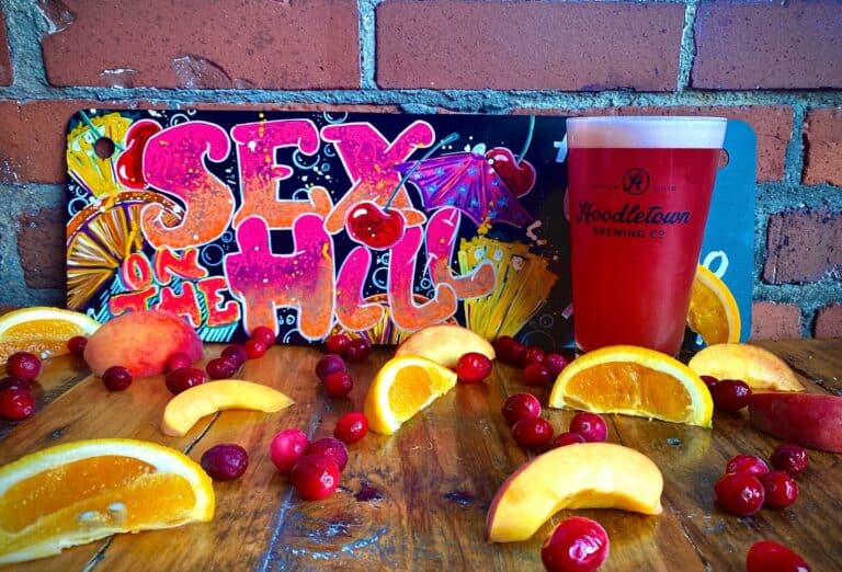 Hoodletown Beer Sex on the Hill in a pint glass surrounded by orange, peach and cranberry fruit